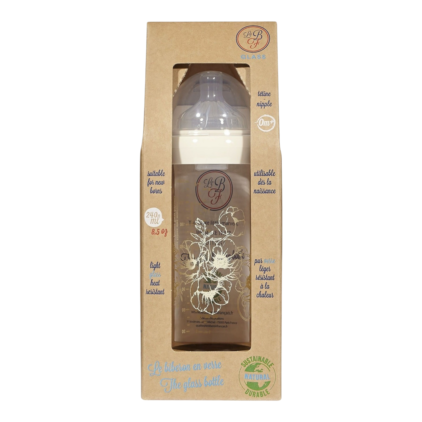 Le Biberon Français - Biberon en verre Fleurs de coton 240ml