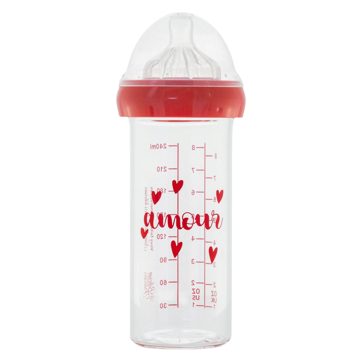 Biberon en verre borosilicate sain avec motifs cœurs rouges Amour 240ml - Le Biberon Français
