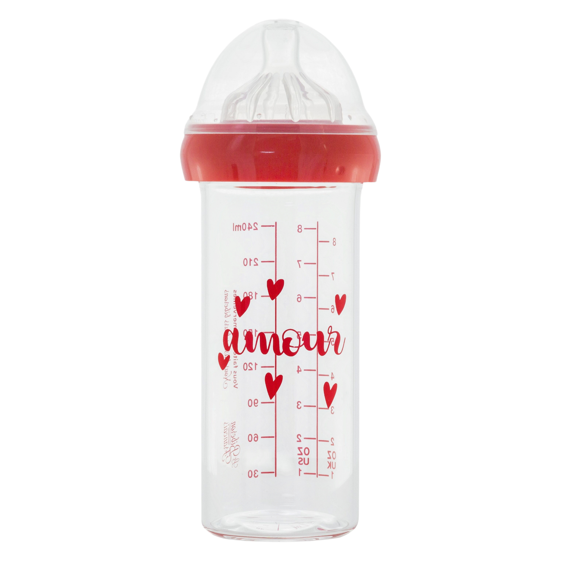 Biberon en verre borosilicate sain avec motifs cœurs rouges Amour 240ml - Le Biberon Français