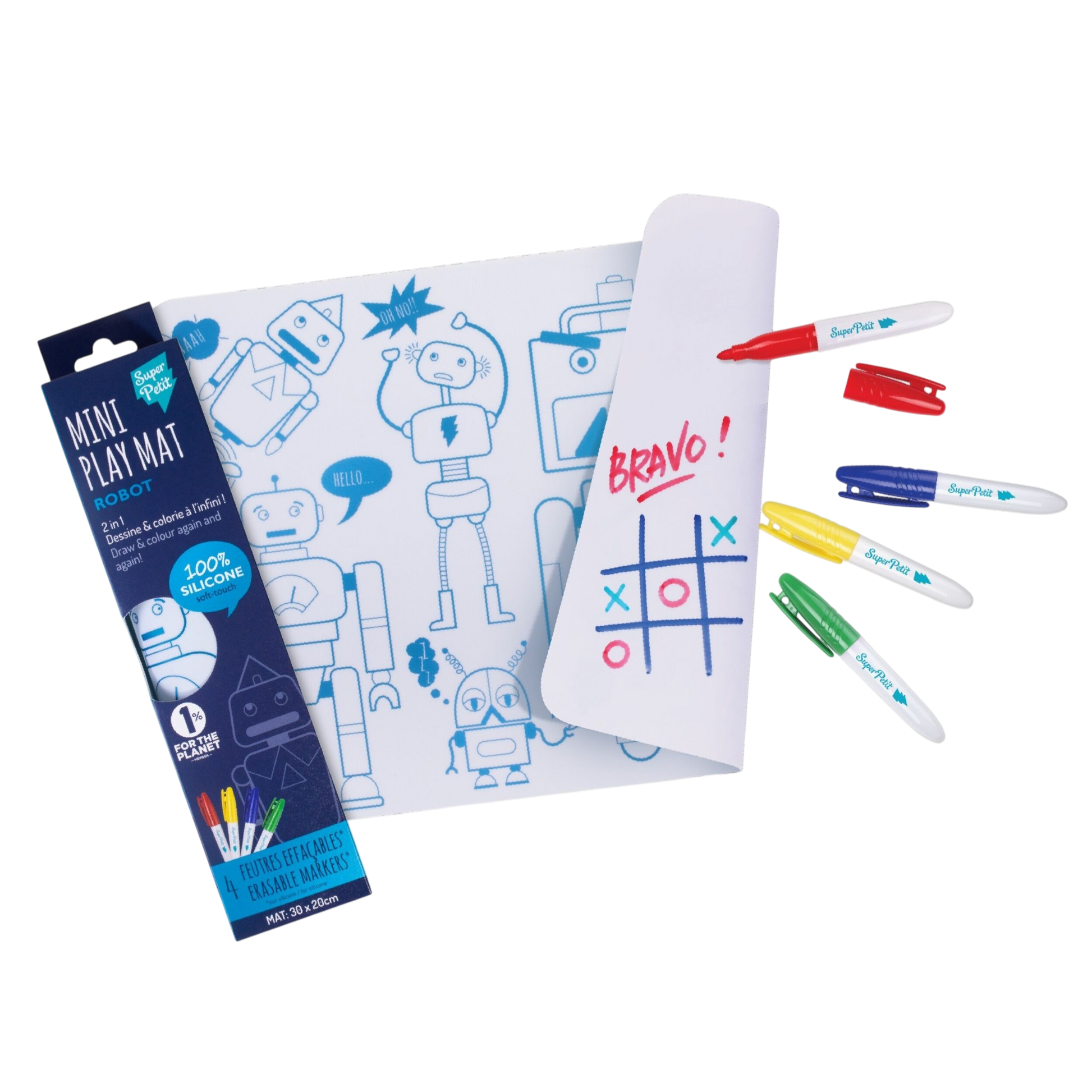 Set de table de coloriage nomade réutilisable en silicone motif robots avec feutres effaçables - SuperPetit