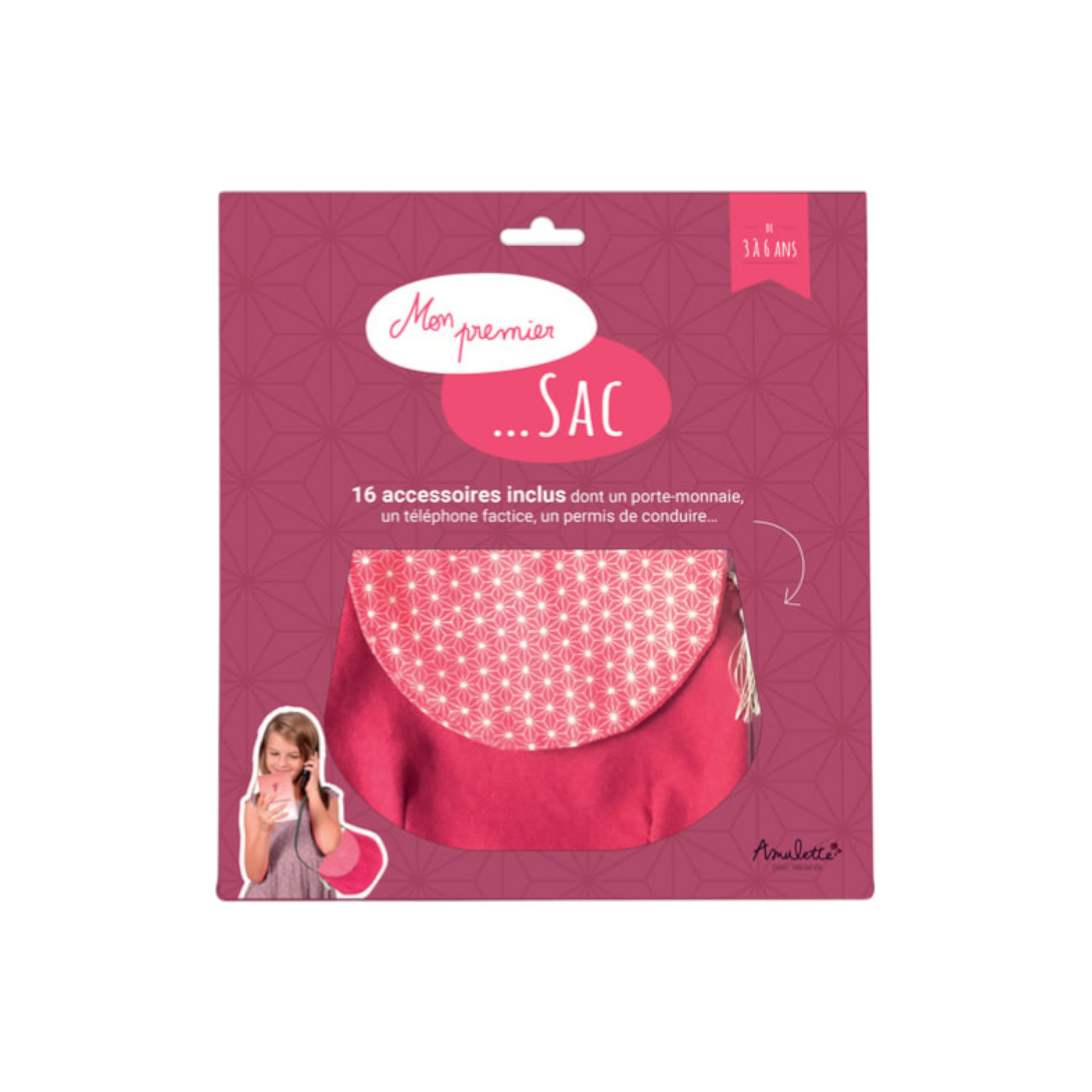 Coffret de jeu d'imitation Mon premier sac avec sac en tissu rose et accessoires miniatures - Amulette