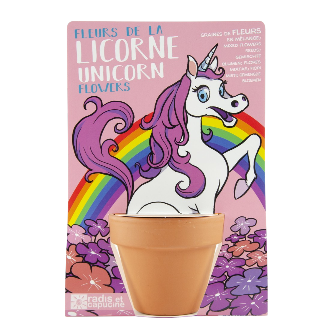 Kit d'activité éducative de jardinage pot licorne et graines de fleurs à faire pousser - Radis et Capucine