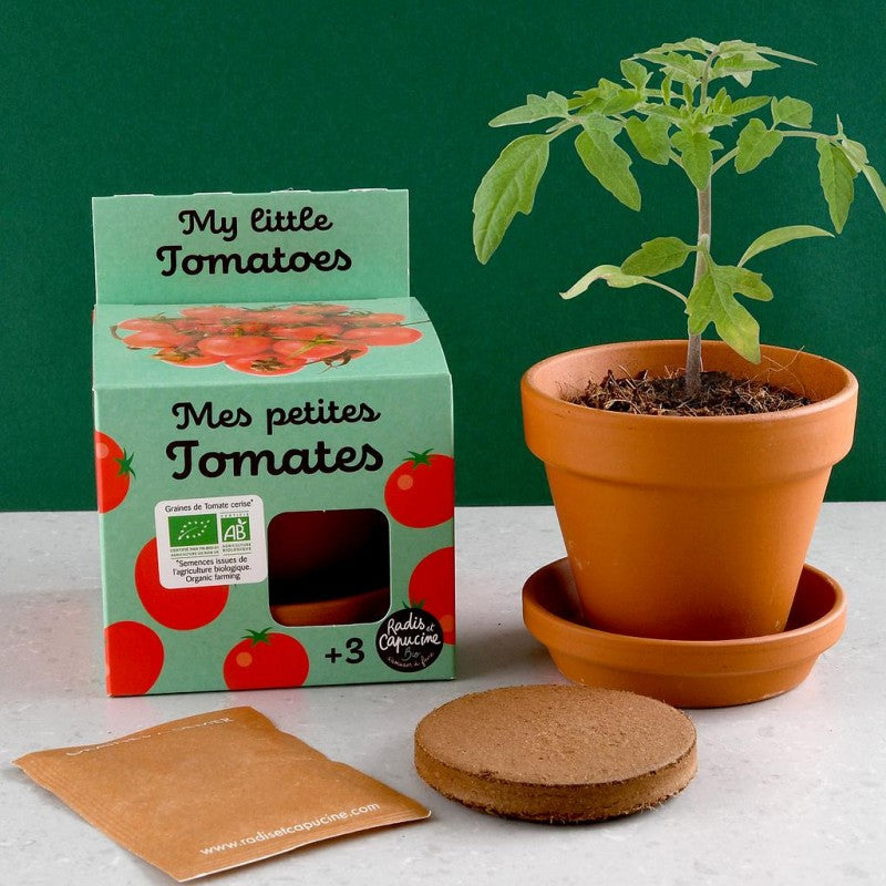 Kit de jardinage enfant pour planter des tomates cerises bio - Radis et Capucine