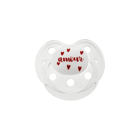 Sucette physiologique Amour en silicone médical pour nourrisson de 0 à 6 mois - Le Biberon Français