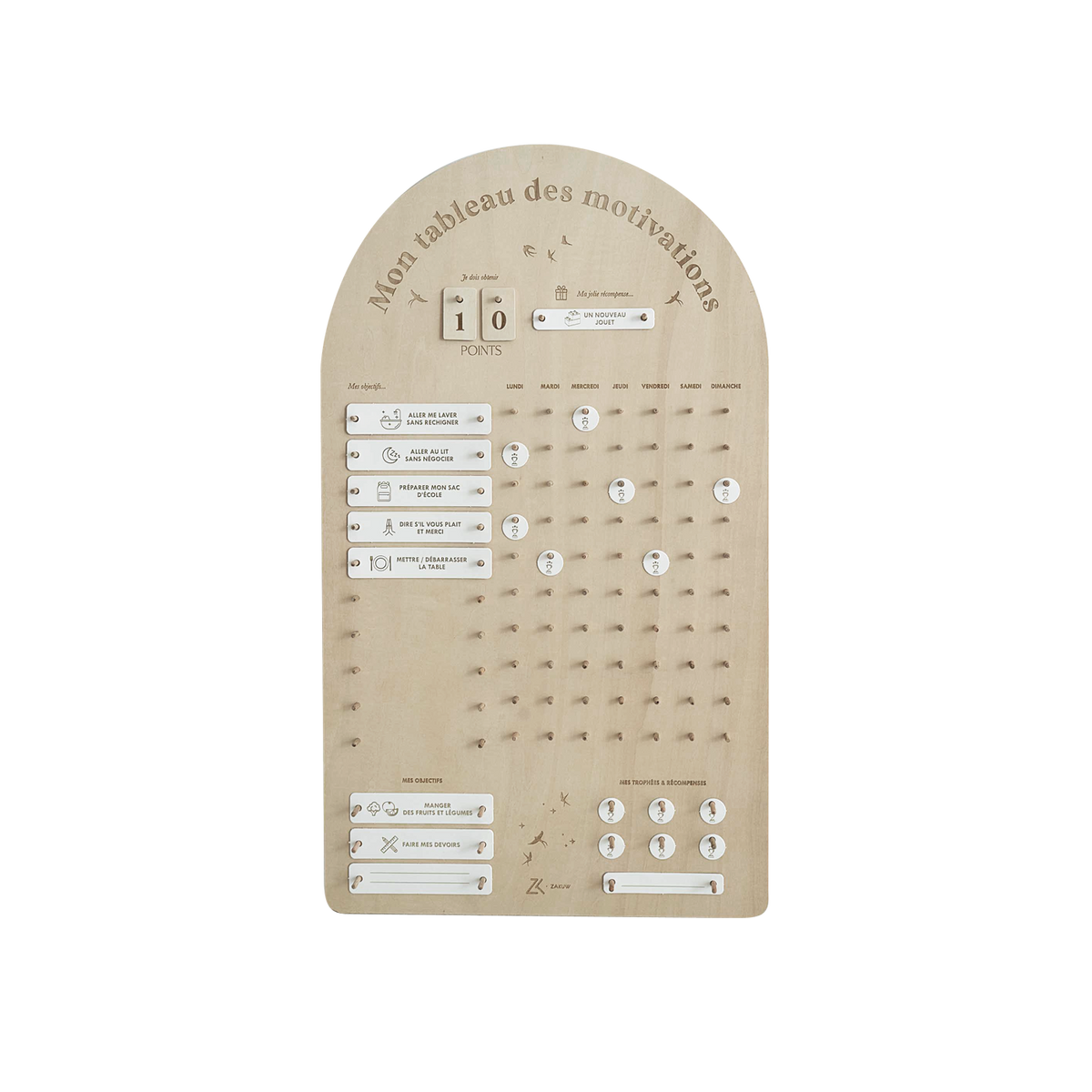 Tableau des motivations et des routines quotidien en bois au design épuré pour enfant - Zakuw