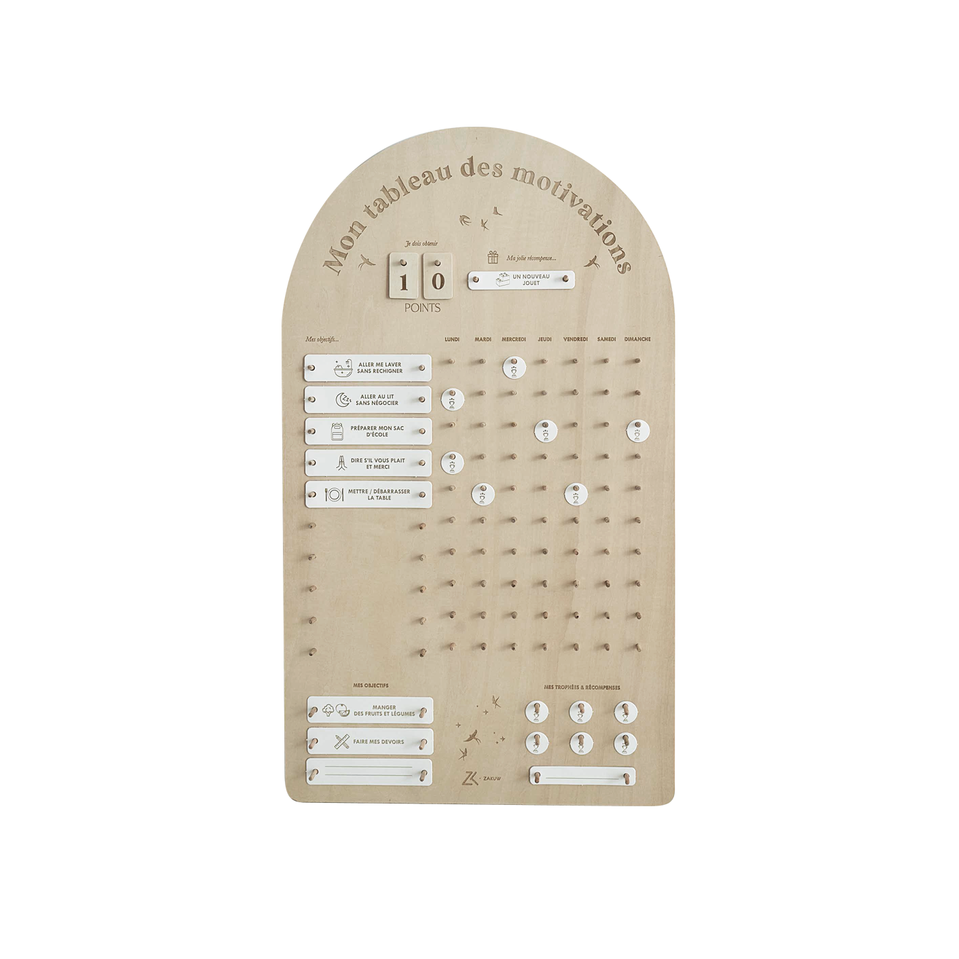 Tableau des motivations et des routines quotidien en bois au design épuré pour enfant - Zakuw