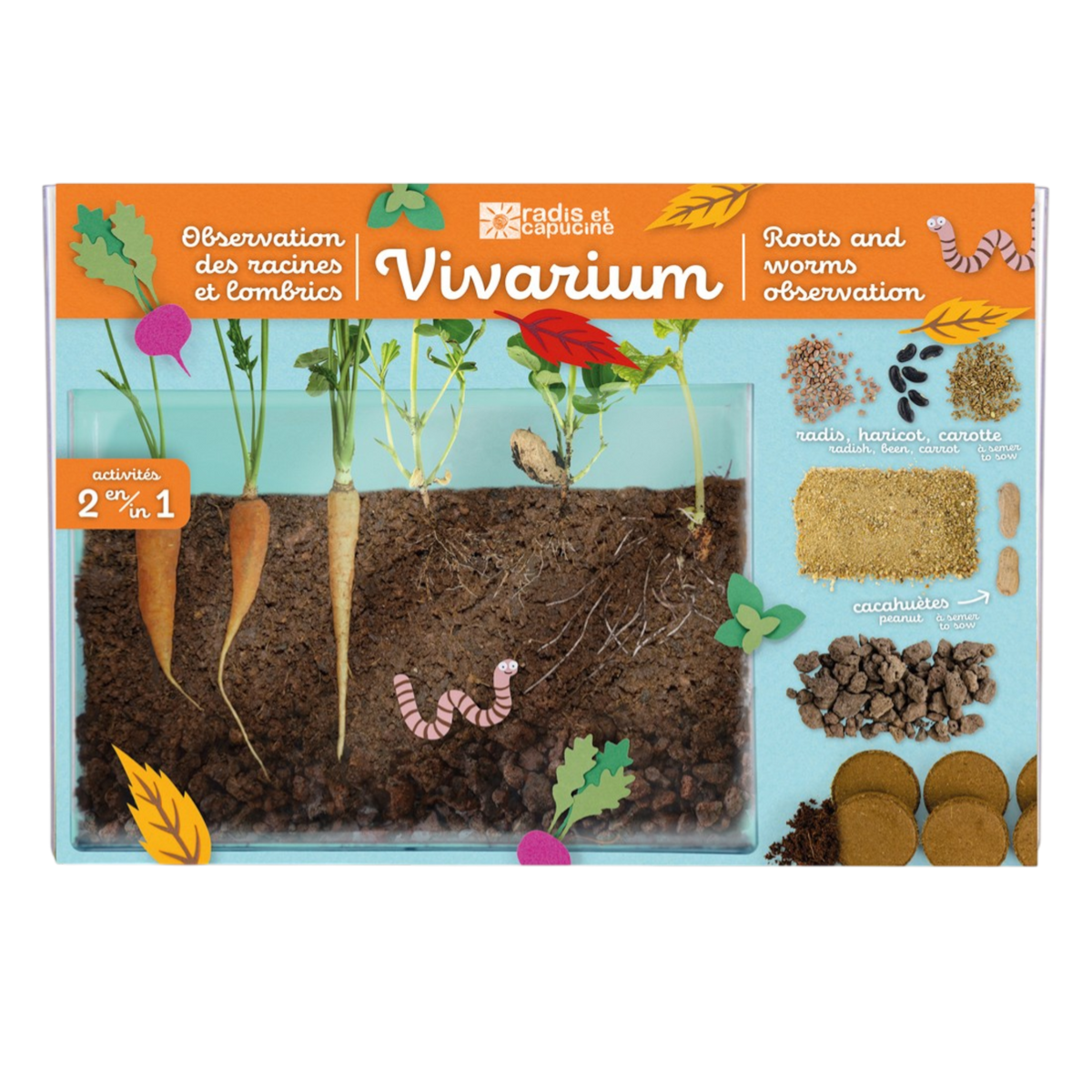 Coffret vivarium d'observation des racines et kit de jardinage pédagogique pour enfant - Radis et Capucine